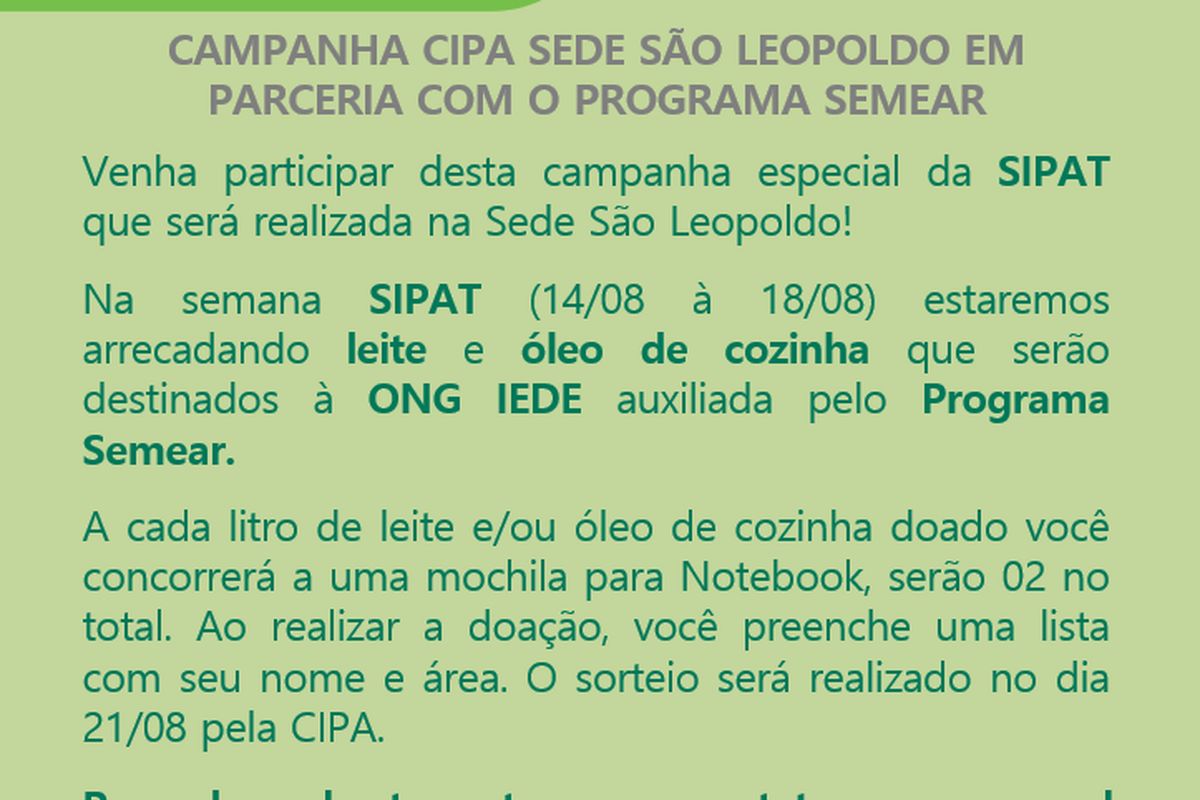 Campanha de doação de alimentos SEMEAR e CIPA Sede São Leopoldo